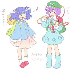 Rule 34 | 2girls, :d, backpack, bad id, bad pixiv id, bag, blue footwear, blue hair, blush, boots, buttons, closed mouth, collared shirt, cosplay, costume switch, eyeball, closed eyes, female focus, flat color, frilled legwear, frilled shirt collar, frilled skirt, frilled sleeves, frills, full body, hair bobbles, hair ornament, hairband, hands up, hat, heart, heart of string, kawashiro nitori, kawashiro nitori (cosplay), key, knee boots, komeiji satori, komeiji satori (cosplay), long sleeves, multiple girls, musical note, open mouth, pentagon (uzus), pink skirt, pocket, purple hair, quaver, red eyes, rubber boots, shirt, simple background, skirt, skirt set, slippers, smile, string, sweatdrop, third eye, touhou, two side up, white background, white legwear, wide sleeves