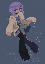 Rule 34 | 1girl, a.i. voice, absurdres, artist name, black thighhighs, black undershirt, bob cut, brown cardigan, cardigan, commentary request, dot mouth, full body, grey background, grey serafuku, grey skirt, hand to own mouth, highres, hood, hood down, hooded cardigan, long sleeves, looking at viewer, neckerchief, no sclera, open cardigan, open clothes, pleated skirt, purple eyes, purple hair, purple neckerchief, ribbed cardigan, ripples, sailor collar, school uniform, serafuku, shi oh, short hair with long locks, simple background, skirt, solo, standing, standing on one leg, thighhighs, turtleneck, voiceroid, white sailor collar, yuzuki yukari, yuzuki yukari (shizuku)