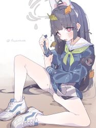 Rule 34 | 1girl, animal ears, armband, artist name, black hair, blue archive, blue shirt, blue skirt, blush, clothes lift, collarbone, dirty footwear, fake animal ears, green neckerchief, grey halo, halo, highres, knees apart feet together, koyansuee, leaf, leaf on head, lifted by self, long hair, long sleeves, miyu (blue archive), neckerchief, on ground, open mouth, panties, panties under pantyhose, pantyhose, pink eyes, pleated skirt, polka dot, polka dot panties, puffy long sleeves, puffy sleeves, rabbit ears, sailor collar, school uniform, serafuku, shirt, shoes, sidelocks, skirt, skirt lift, sneakers, solo, spread legs, twitter username, underwear, very long hair, wet, white footwear, white pantyhose, white sailor collar, wringing clothes, wringing skirt