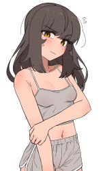 Rule 34 | 1girl, black hair, blush, breasts, brown eyes, dolphin shorts, embarrassed, female focus, grey shorts, head tilt, highres, looking at viewer, midriff, nakta, navel, original, shorts, simple background, small breasts, solo, wavy mouth, white background
