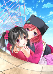 Rule 34 | 10s, 2girls, beanie, black hair, blush, bow, casual, hair bow, hat, hug, jacket, looking at viewer, love live!, love live! school idol festival, love live! school idol project, lying, lying on person, multiple girls, nishikino maki, on back, on stomach, ooshima tomo, open mouth, purple eyes, red eyes, red hair, short hair, skirt, track jacket, twintails, yazawa nico, yuri