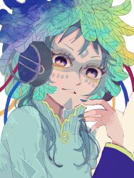 Rule 34 | 1other, aqua hair, artist name, blue eyes, blue feathers, eyelashes, facepaint, feathers, gnosia, green eyes, green feathers, han (hn-khk), highres, looking at viewer, multicolored clothes, outline, purple feathers, raqio, simple background, solo, upper body, white background