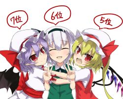 Rule 34 | 3girls, :d, ^ ^, akisome hatsuka, bat wings, blonde hair, bow, bowtie, closed eyes, commentary, double v, closed eyes, fang, flandre scarlet, girl sandwich, hairband, hat, hug, konpaku youmu, mob cap, multiple girls, nervous smile, open mouth, pointy ears, purple hair, red eyes, remilia scarlet, sandwiched, sash, side ponytail, silver hair, smile, touhou, tsurime, v, vest, wings