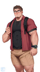 Rule 34 | 1boy, absurdres, backpack, bag, bara, blush, brown hair, brown shorts, closed mouth, facial hair, glasses, goatee, highres, hiroki bzdsk, large pectorals, male focus, muscular, muscular male, open clothes, open shirt, original, pectorals, red shirt, shirt, short hair, shorts, smile, solo, t-shirt, watch, wristwatch