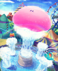 Rule 34 | absurdres, amusement park, animal ears, bandana, bandana waddle dee, blue bandana, blush stickers, cloud, colored skin, day, elfilin, fence, ferris wheel, fountain, highres, kirby, kirby (series), kirby and the forgotten land, mouse ears, mouthful mode, nintendo, no humans, pink skin, rainbow, sky, solid oval eyes, star (symbol), suyasuyabi, twitter username, water-balloon mouth, wet