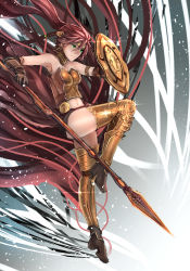 Rule 34 | 1girl, advarcher, armlet, armor, bare shoulders, boots, breastplate, elbow gloves, gloves, gorget, greaves, green eyes, high heel boots, high heels, highres, holding, holding weapon, leg armor, leg up, long hair, midriff, polearm, ponytail, pyrrha nikos, red hair, rwby, shield, solo, spear, weapon
