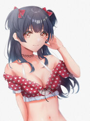 Rule 34 | 1girl, bikini, black hair, blunt bangs, breasts, brown eyes, cleavage, closed mouth, highres, idolmaster, idolmaster shiny colors, light smile, long hair, looking at viewer, ma7bell, mayuzumi fuyuko, medium breasts, navel, polka dot, polka dot bikini, simple background, solo, swimsuit, two side up, upper body, white background