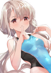 Rule 34 | 1girl, bare shoulders, blush, braid, braided bangs, breasts, brown eyes, competition swimsuit, grey hair, hisakawa nagi, idolmaster, idolmaster cinderella girls, idolmaster cinderella girls starlight stage, long hair, looking at viewer, low twintails, one-piece swimsuit, simple background, small breasts, smile, solo, swimsuit, tetsujin momoko, twintails, white background