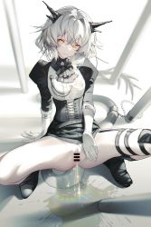 Rule 34 | 1girl, arknights, arm support, ascot, bar censor, black dress, black footwear, boots, bound, censored, chain, chained, chinese commentary, clothing aside, commentary request, dragon girl, dragon tail, dress, gloves, grey ascot, grey hair, hair between eyes, highres, iumu, knee boots, lens flare, long sleeves, looking at viewer, paid reward available, panties, panties aside, partial commentary, pee, peeing, puddle, pussy, pussy peek, short hair, solo, spread legs, tail, talulah (arknights), thigh strap, underwear, white gloves, white panties, yellow eyes