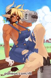 Rule 34 | 1girl, absurdres, animal ears, animal feet, bare shoulders, bell, blue sky, breasts, cathyl, cloud, commentary, cow ears, cow girl, cow tail, cowbell, dark-skinned female, dark skin, day, denim, english commentary, farm, fence, field, gloves, grass, grin, highres, holding, horns, huge breasts, knee up, looking at viewer, monster girl, monster musume no iru nichijou, mouth hold, multicolored hair, muscular, muscular female, neck bell, on fence, outdoors, overall shorts, overalls, patreon username, rtil, short hair, shorts, sitting, sky, smile, solo, stalk in mouth, straw (stalk), tail, tank (container), torn clothes, torn shorts, tsurime, two-tone hair, v-shaped eyebrows, variant set, watermark, web address, white gloves, wooden fence, yellow eyes