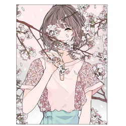 Rule 34 | 1girl, blouse, blue skirt, branch, brown hair, cherry blossoms, floral print, framed, gradient background, grey eyes, hand up, highres, keiko (um7mr1), looking at viewer, original, petals, pink shirt, shirt, short hair, skirt, solo, upper body, white background
