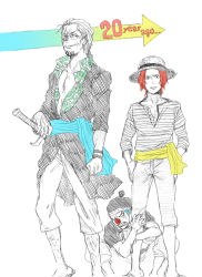 Rule 34 | 3boys, aged down, arrow (projectile), blue hair, buggy the clown, capri pants, collared shirt, facial hair, glasses, goatee, hat, hat pompom, looking at viewer, male focus, mono (caoton), multiple boys, one piece, open clothes, open collar, open shirt, pants, red hair, sandals, sash, scar, shanks (one piece), shirt, silvers rayleigh, spot color, standing, straw hat, striped clothes, striped shirt, sword, tattoo, weapon