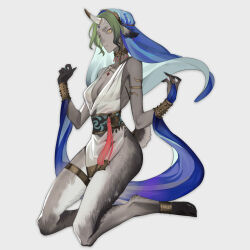 Rule 34 | 1girl, animal ears, animal feet, anklet, armlet, blue shawl, bracer, colored sclera, colored skin, digitigrade, ear piercing, full body, goat ears, goat girl, goat tail, gradient hair, green hair, grey background, grey fur, grey sclera, grey skin, hands up, hooves, horns, jewelry, kneeling, looking at viewer, monster girl, multicolored hair, neck ring, original, parted lips, pelvic curtain, piercing, plunging neckline, ring, shawl, short hair, simple background, single horn, sleeveless, slit pupils, solo, tassel, thighlet, veil, yellow eyes, yijiao