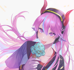 Rule 34 | 1girl, black shirt, blue hair, blue shirt, chinese commentary, collarbone, colored inner hair, crazy raccoon, fake horns, food, gloves, highres, horns, ice cream, mint chocolate, mint chocolate chip, multicolored hair, nagy (cindy32ok123), pink hair, portrait, purple eyes, purple gloves, selly55, shirt, solo, streaked hair, tongue, tongue out, two-tone shirt