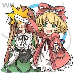 Rule 34 | 00s, 2girls, accident, aka (s3637), blonde hair, bow, brown hair, controller, dress, frills, game console, game controller, green eyes, hinaichigo, multiple girls, pink bow, playing games, rozen maiden, suiseiseki, video game, wii, wii remote