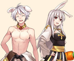 Rule 34 | 1boy, 1girl, animal ears, arch bishop (ragnarok online), belt, black belt, breasts, championship belt, cleavage, cleavage cutout, clothes around waist, clothing cutout, commentary request, cross, dog ears, dress, grey hair, jewelry, kiribox, long hair, looking at viewer, medium breasts, necklace, nipples, open mouth, rabbit ears, ragnarok online, red eyes, sash, shirt, shirt around waist, short hair, simple background, smile, sura (ragnarok online), topless male, two-tone dress, upper body, white dress, white shirt, yellow background, yellow sash