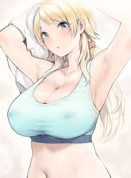 Rule 34 | 1girl, armpits, blonde hair, blue eyes, blush, breasts, cleavage, collarbone, commentary request, covered erect nipples, hachimiya meguru, hair ornament, highres, idolmaster, idolmaster shiny colors, large breasts, long hair, looking at viewer, low twintails, navel, short hair, solo, star (symbol), star hair ornament, sunaba suzume, sweat, twintails