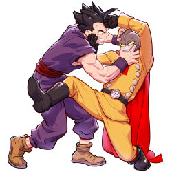 Rule 34 | 2boys, absurdres, android, black eyes, black gloves, black hair, boots, cape, clenched teeth, colored sclera, dougi, dragon ball, dragon ball super, dragon ball super super hero, fighting, gamma 1, gloves, highres, long sleeves, looking at another, multiple boys, muscular, muscular male, red cape, simple background, sleeveless, son gohan, spiked hair, supobi, sweatdrop, teeth, white background, yellow sclera