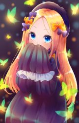 Rule 34 | 1girl, abigail williams (fate), black bow, black dress, black headwear, blonde hair, blue eyes, blush, bow, bug, butterfly, covering own mouth, dress, fate/grand order, fate (series), forehead, frills, hair bow, highres, insect, long hair, long sleeves, looking at viewer, orange bow, parted bangs, ribbed dress, sleeves past fingers, sleeves past wrists, solo, yuineko