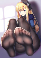 Rule 34 | 1girl, aqua eyes, black pantyhose, blonde hair, blunt bangs, blush, fate/grand order, fate (series), feet, foot focus, foreshortening, hat, long hair, looking at viewer, lord el-melloi ii case files, no shoes, pantyhose, pov, reines el-melloi archisorte, sitting, soles, solo, toes