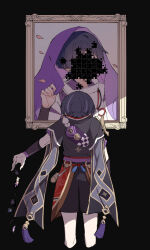 Rule 34 | 2boys, bag, black background, black bridal gauntlets, black shirt, black shorts, black sleeves, blunt ends, bridal gauntlets, detached sleeves, falling petals, from back, genshin impact, grey sleeves, hand up, japanese clothes, jigsaw puzzle, kimono, layered sleeves, long sleeves, male focus, multicolored hair, multiple boys, parted bangs, petals, picture frame, pom pom (clothes), purple bag, purple hair, purple headwear, purple sash, purple shirt, puzzle, sash, scaramouche (genshin impact), scaramouche (kabukimono) (genshin impact), shirt, short hair, short over long sleeves, short sleeves, shorts, streaked hair, tassel, tirlleneill, veil, white shirt