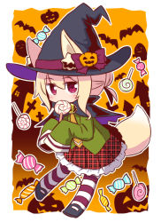 Rule 34 | 1girl, alternate costume, animal ear fluff, animal ears, bat (animal), bell, black capelet, black footwear, black hat, blonde hair, blush, bow, candy, candy wrapper, capelet, covered mouth, ears through headwear, food, fox ears, fox girl, fox tail, frilled skirt, frills, ghost, green shirt, hair between eyes, hair bun, halloween, hat, hat bow, holding, holding candy, holding food, holding lollipop, jack-o&#039;-lantern, jingle bell, kemomimi-chan (naga u), lollipop, long hair, long sleeves, looking at viewer, multicolored capelet, naga u, orange neckwear, original, pantyhose, plaid, plaid skirt, pleated skirt, purple bow, purple capelet, red eyes, red skirt, shirt, sidelocks, single hair bun, skirt, sleeves past fingers, sleeves past wrists, solo, striped clothes, striped pantyhose, swirl lollipop, tail, unmoving pattern, witch hat