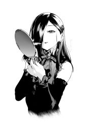 Rule 34 | 1girl, bare shoulders, brooch, clothing cutout, cropped torso, dress, earrings, flower, greyscale, hair flower, hair ornament, hair over one eye, hairclip, hand mirror, highres, holding, holding mirror, hoop earrings, jewelry, long hair, long sleeves, looking at mirror, mameojitan, mirror, monochrome, original, parted lips, ribbon, shoulder cutout, simple background, solo, translation request, upper body