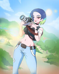 Rule 34 | 1girl, :d, black vest, blue hair, brown eyes, camera, cloud, commentary request, creatures (company), day, game freak, hands up, highres, holding, holding camera, midriff, navel, nintendo, off-shoulder shirt, off shoulder, open mouth, outdoors, pants, perrin (pokemon), pokemon, pokemon sv, satosu (uchr2228), shirt, sky, smile, solo, standing, sun, teeth, upper teeth only, vest, watch, white shirt, wristwatch