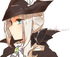 Rule 34 | 1girl, artist name, ascot, blonde hair, bloodborne, blue eyes, gem, hat, lady maria of the astral clocktower, long hair, maou skun, ponytail, solo, the old hunters