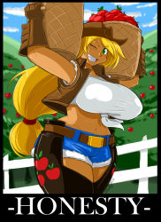 Rule 34 | 1girl, applejack, blonde hair, breasts, covered erect nipples, curvy, hat, highres, huge breasts, long hair, looking at viewer, midriff, my little pony, my little pony: friendship is magic, navel, one eye closed, personification, ponytail, shonuff44, smile, solo, thick thighs, thighs, very long hair, wide hips, wink