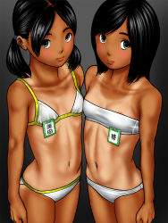 Rule 34 | 2girls, bikini, black hair, closed mouth, cowboy shot, female focus, flat chest, gradient background, highres, id tag, long hair, looking at viewer, midriff, multiple girls, navel, one-piece tan, original, sandansu, smile, standing, stomach, swimsuit, tan, tanline, twintails