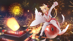 Rule 34 | 1girl, :d, aerial fireworks, ahoge, animal, animal ear fluff, animal ears, animal hands, arm up, bigxixi, black footwear, blonde hair, bow, cat ears, cat girl, cat tail, choker, cityscape, crop top, fang, fireworks, fish, flying fish, gloves, highres, loafers, long sleeves, looking at viewer, midriff, navel, night, night sky, open mouth, original, outstretched arm, pantyhose, paw gloves, pleated skirt, red bow, red choker, red eyes, red skirt, shirt, shoes, single shoe, skirt, sky, smile, solo, star (sky), starry sky, tail, tail bow, tail ornament, tail raised, unworn shoe, unworn shoes, white gloves, white pantyhose, white shirt