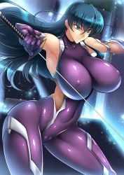 Rule 34 | 1girl, absurdres, black hair, bodysuit, bouncing breasts, breasts, covered erect nipples, curvy, elbow gloves, female focus, fishnets, gloves, green eyes, haganef, highres, holding, holding weapon, huge breasts, igawa asagi, impossible clothes, katana, ninja, partially visible vulva, purple bodysuit, shiny clothes, shiny skin, skin tight, solo, sword, taimanin (series), taimanin asagi, taimanin suit, thighs, weapon