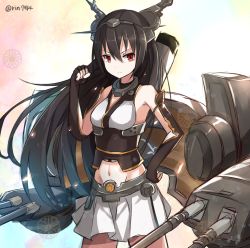 Rule 34 | 10s, 1girl, antennae, arm guards, bad id, bad pixiv id, bare shoulders, black hair, cannon, clenched hand, groin, headgear, kantai collection, long hair, machinery, midriff, nagato (kancolle), navel, pleated skirt, red eyes, rin yuu, skirt, smile, solo, standing, stomach, turret, twitter username, white skirt