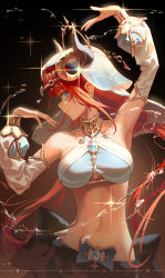 Rule 34 | 1girl, armpits, blue gemstone, blue ribbon, breasts, dancer, detached sleeves, gem, genshin impact, gold choker, harem outfit, highres, horns, long sleeves, medium breasts, multicolored background, navel, nilou (genshin impact), puffy long sleeves, puffy sleeves, red hair, ribbon, ruochongsang, stomach, twintails, veil, water