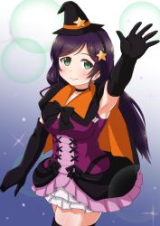 Rule 34 | 10s, 1girl, black hair, dancing stars on me!, gloves, green eyes, hat, long hair, love live!, love live! school idol festival, love live! school idol project, solo, thighhighs, tojo nozomi, twintails, udan, witch hat