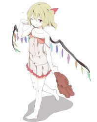 Rule 34 | 1girl, alternate costume, bad id, bad twitter id, blonde hair, blush, bow, bow panties, chemise, closed mouth, collarbone, crystal, female focus, flandre scarlet, flat chest, full body, hair ribbon, hasebe yuusaku, holding, holding stuffed toy, one eye closed, panties, red eyes, red ribbon, ribbon, see-through, side ponytail, solo, strap slip, stuffed animal, stuffed toy, teddy bear, touhou, underwear, white background, white panties, wings