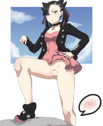 Rule 34 | 1girl, black choker, black hair, black jacket, blush, bottomless, censored, choker, cleft of venus, creatures (company), dress, embarrassed, game freak, highres, jacket, keihh, leather, leather jacket, long hair, long sleeves, looking at viewer, marnie (pokemon), mosaic censoring, nervous, nervous smile, nintendo, pink dress, pokemon, pokemon swsh, smile, solo, standing