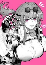 Rule 34 | 1girl, absurdres, alternate breast size, black jacket, black pants, breasts, caelus (honkai: star rail), cowboy shot, gloves, greyscale with colored background, hair between eyes, heart, high-waist shorts, highres, honkai: star rail, honkai (series), huge breasts, jacket, kafka (honkai: star rail), light blush, long hair, low ponytail, marionette, open clothes, open jacket, pants, pink background, puppet, purple eyes, round eyewear, shirt, shorts, sidelocks, simple background, smile, solo, speech bubble, sunglasses, teeth, trailblazer (honkai: star rail), unworn eyewear, white shirt, yotsumi shiro