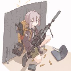 Rule 34 | 1girl, ahoge, assault rifle, backpack, bag, barricade, binoculars, bipod, black gloves, black necktie, bolt action, cheytac m200, collared shirt, commentary request, flat chest, full body, gas mask, girls&#039; frontline, gloves, grey eyes, grey hair, gun, highres, holding, holding gun, holding weapon, jacket, kalashnikov rifle, kneeling, m200 (girls&#039; frontline), magazine (weapon), mask, unworn mask, medium hair, necktie, player193, ponytail, rifle, scope, shell casing, shirt, shoes, sidelocks, skirt, sneakers, sniper rifle, solo, suppressor, sweatdrop, weapon, white shirt