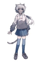 Rule 34 | 1girl, ahoge, animal ears, blue eyes, blue nails, blue skirt, blue thighhighs, cat ears, cat girl, cat tail, commentary request, deep (deep4946), drawstring, fish hair ornament, full body, hair ornament, highres, hood, hood down, hoodie, long hair, long sleeves, looking at viewer, nail polish, original, parted lips, paw print, pleated skirt, shoes, simple background, skirt, sneakers, solo, standing, tail, thighhighs, white background, white footwear, white hair, white hoodie