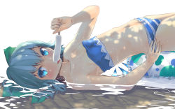 Rule 34 | 1girl, arched back, areola slip, arm support, ball, bare shoulders, beachball, bikini, blue eyes, blue hair, blush, bow, cirno, collarbone, culter, dappled sunlight, eyelashes, food, green bow, hair bow, highres, holding, ice, ice wings, looking at viewer, matching hair/eyes, navel, partially submerged, popsicle, short hair, sideways, simple background, solo, striped bikini, striped clothes, sunlight, swimsuit, tongue, tongue out, touhou, wallpaper, water, wet, white background, wings