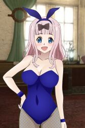 1girl artist_request blue_eyes breasts cleavage covered_navel fujiwara_chika hand_on_own_hip kaguya-sama_wa_kokurasetai_~tensai-tachi_no_renai_zunousen~ large_breasts legs long_hair looking_at_viewer open_mouth pink_hair rabbit_ears rabbit_tail smile thighs tongue