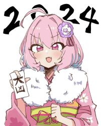 Rule 34 | 1girl, 2024, ahoge, fang, floral print, flower, hair flower, hair ornament, hand up, holding, idolmaster, idolmaster cinderella girls, japanese clothes, kimono, long sleeves, looking at viewer, medium hair, multicolored hair, open mouth, pink eyes, pink hair, pink kimono, simple background, solo, tsukumo (tsukumo sos), two-tone hair, upper body, v-shaped eyebrows, white background, yumemi riamu