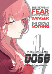 Rule 34 | 1girl, absurdres, aru (blue archive), aru (dress) (blue archive), blue archive, breasts, english text, finger gun, gloves, highres, johnny english, large breasts, long hair, looking at viewer, official alternate costume, parody, pink hair, simple background, solo, sysen, white gloves, yellow eyes
