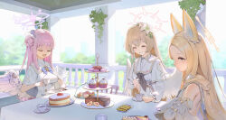 Rule 34 | blonde hair, blue archive, building, byo chyo, cake, cup, dress, food, halo, highres, light brown hair, mika (blue archive), mug, nagisa (blue archive), pink hair, plant, school uniform, seia (blue archive), shirt, sitting, sleeveless, sleeveless shirt, table, tree, white dress