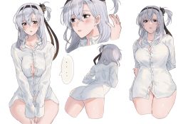 Rule 34 | ..., 1girl, alternate costume, black eyes, blush, breasts, button gap, buttons, cleavage, dress shirt, hachimaki, hair between eyes, hair ornament, hairclip, headband, headgear, highres, inusaka, kantai collection, large breasts, lips, long hair, long sleeves, multiple views, no panties, one side up, parted lips, shirt, silver hair, simple background, speech bubble, spoken ellipsis, suzutsuki (kancolle), sweat, white background, white shirt