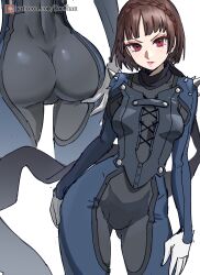Rule 34 | 1girl, absurdres, ass, black scarf, blunt bangs, blush, bodysuit, braid, brown hair, commentary request, contrapposto, crown braid, earrings, gloves, gluteal fold, highres, jewelry, looking at viewer, multiple views, niijima makoto, official alternate costume, patreon username, persona, persona 5, poechan chan, red eyes, scarf, short hair, shoulder spikes, simple background, spikes, thigh gap, white background, white gloves