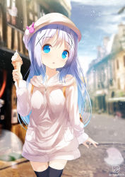 Rule 34 | 1girl, backpack, bag, beret, black thighhighs, blue eyes, blue hair, blue sky, blurry, blurry background, blush, breasts, chestnut mouth, chinomaron, commentary request, day, depth of field, drawstring, food, gochuumon wa usagi desu ka?, hair between eyes, hat, highres, holding, holding food, hood, hood down, hoodie, ice cream, ice cream cone, kafuu chino, long hair, long sleeves, looking away, looking to the side, outdoors, parted lips, signature, sky, sleeves past wrists, small breasts, soft serve, solo, thigh gap, thighhighs, twitter username, very long hair, white hat, white hoodie