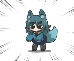 Rule 34 | 1girl, animal ear fluff, animal ears, bell, black footwear, blue collar, blue eyes, blue hair, blue neckerchief, blue shirt, blue skirt, borrowed character, chibi, collar, commentary request, emphasis lines, fox ears, fox girl, fox tail, fuka-chan, full body, fusion, grey thighhighs, jingle bell, kemomimi-chan (naga u), neck bell, neckerchief, original, pleated skirt, sailor collar, sandals, shirt, short eyebrows, simple background, skirt, sleeves past fingers, sleeves past wrists, solo, standing, tail, thick eyebrows, thighhighs, uni souchou, v-shaped eyebrows, white background, white sailor collar, zouri